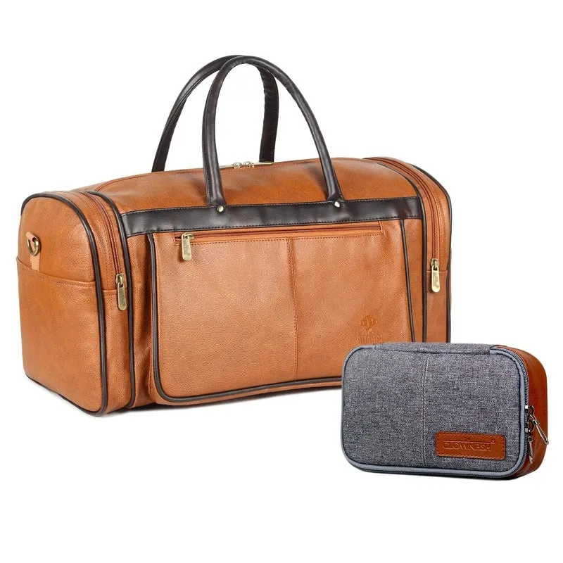 THE CLOWNFISH Combo Of Milo 38 Litres Faux Leather Travel Duffel Bag (Tan) & Travel Pouch Toiletry Bag (Grey), 25 CM, Assorted