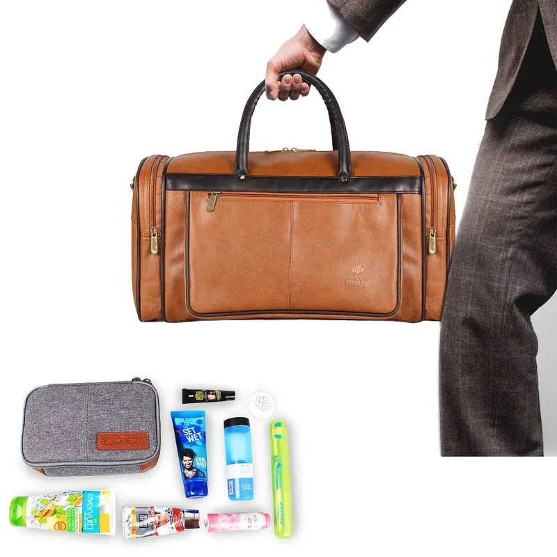 THE CLOWNFISH Combo Of Milo 38 Litres Faux Leather Travel Duffel Bag (Tan) & Travel Pouch Toiletry Bag (Grey), 25 CM, Assorted