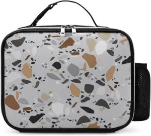 Thermal Insulated Leather Lunch Meal Bag, Lunchbox Bag with Buckled Handle Cooler Leakproof Picnic 10.6x3.5x8.3 in Print Seamless Terrazzo Stone Fragments Rock Surface on Grey Background