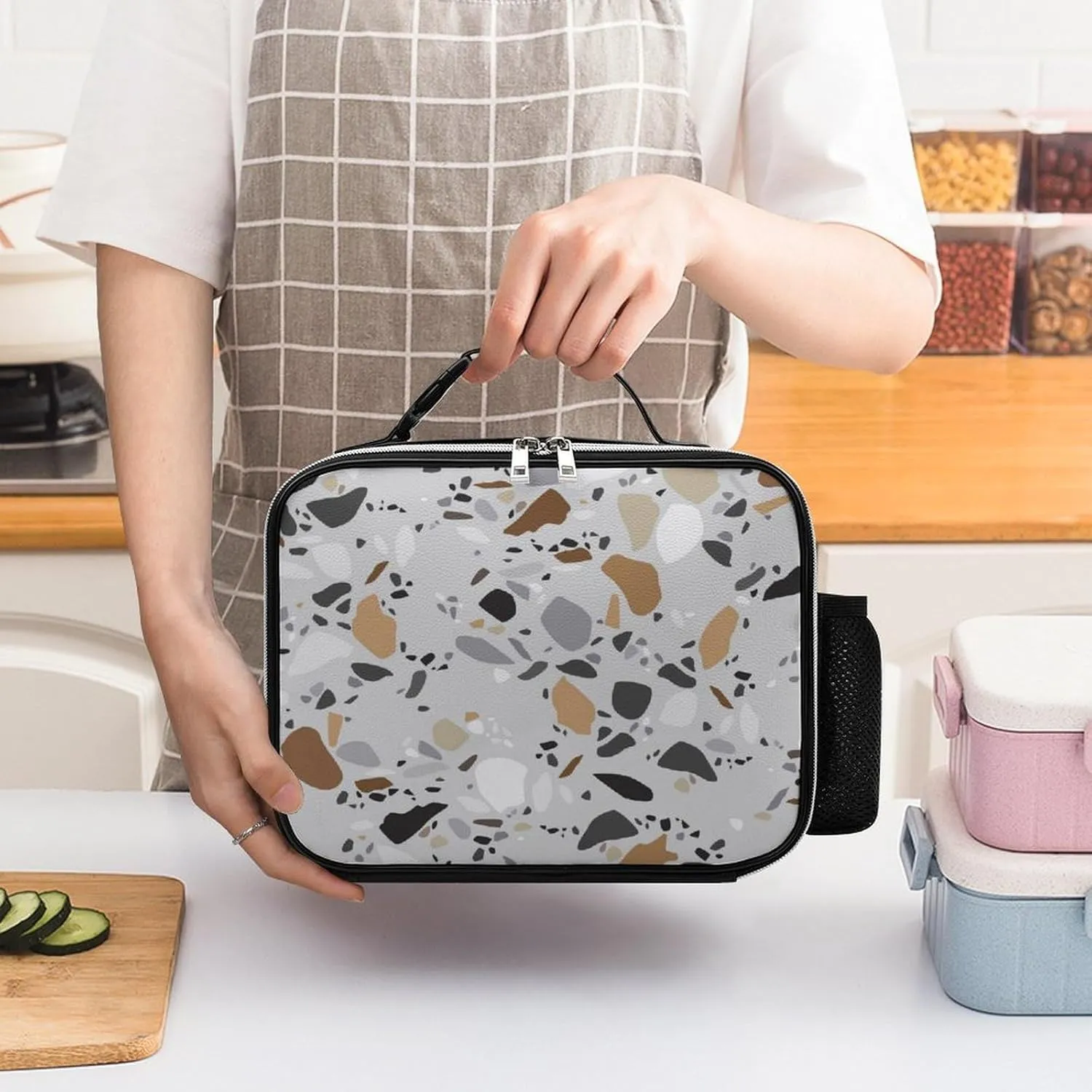 Thermal Insulated Leather Lunch Meal Bag, Lunchbox Bag with Buckled Handle Cooler Leakproof Picnic 10.6x3.5x8.3 in Print Seamless Terrazzo Stone Fragments Rock Surface on Grey Background