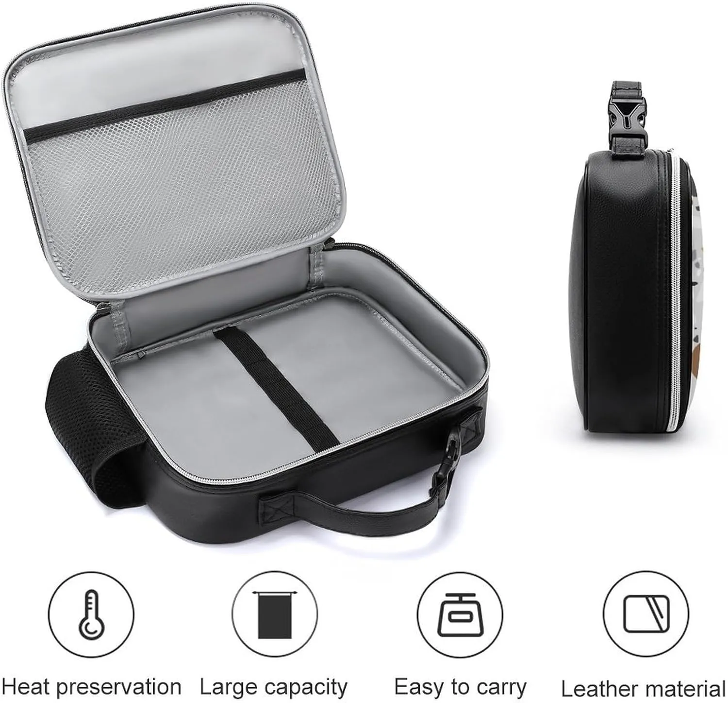 Thermal Insulated Leather Lunch Meal Bag, Lunchbox Bag with Buckled Handle Cooler Leakproof Picnic 10.6x3.5x8.3 in Print Seamless Terrazzo Stone Fragments Rock Surface on Grey Background