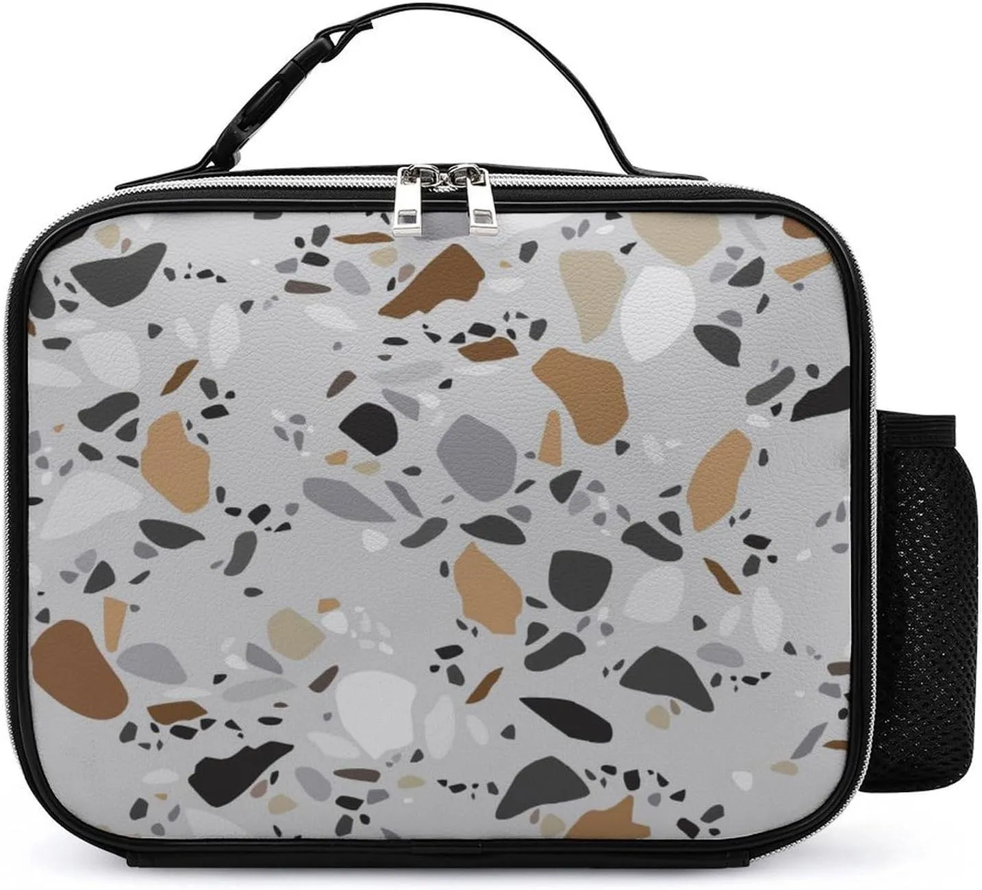 Thermal Insulated Leather Lunch Meal Bag, Lunchbox Bag with Buckled Handle Cooler Leakproof Picnic 10.6x3.5x8.3 in Print Seamless Terrazzo Stone Fragments Rock Surface on Grey Background