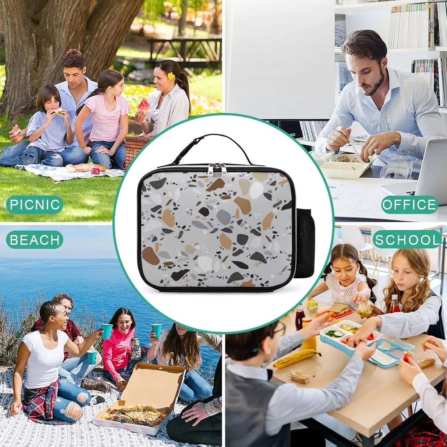 Thermal Insulated Leather Lunch Meal Bag, Lunchbox Bag with Buckled Handle Cooler Leakproof Picnic 10.6x3.5x8.3 in Print Seamless Terrazzo Stone Fragments Rock Surface on Grey Background