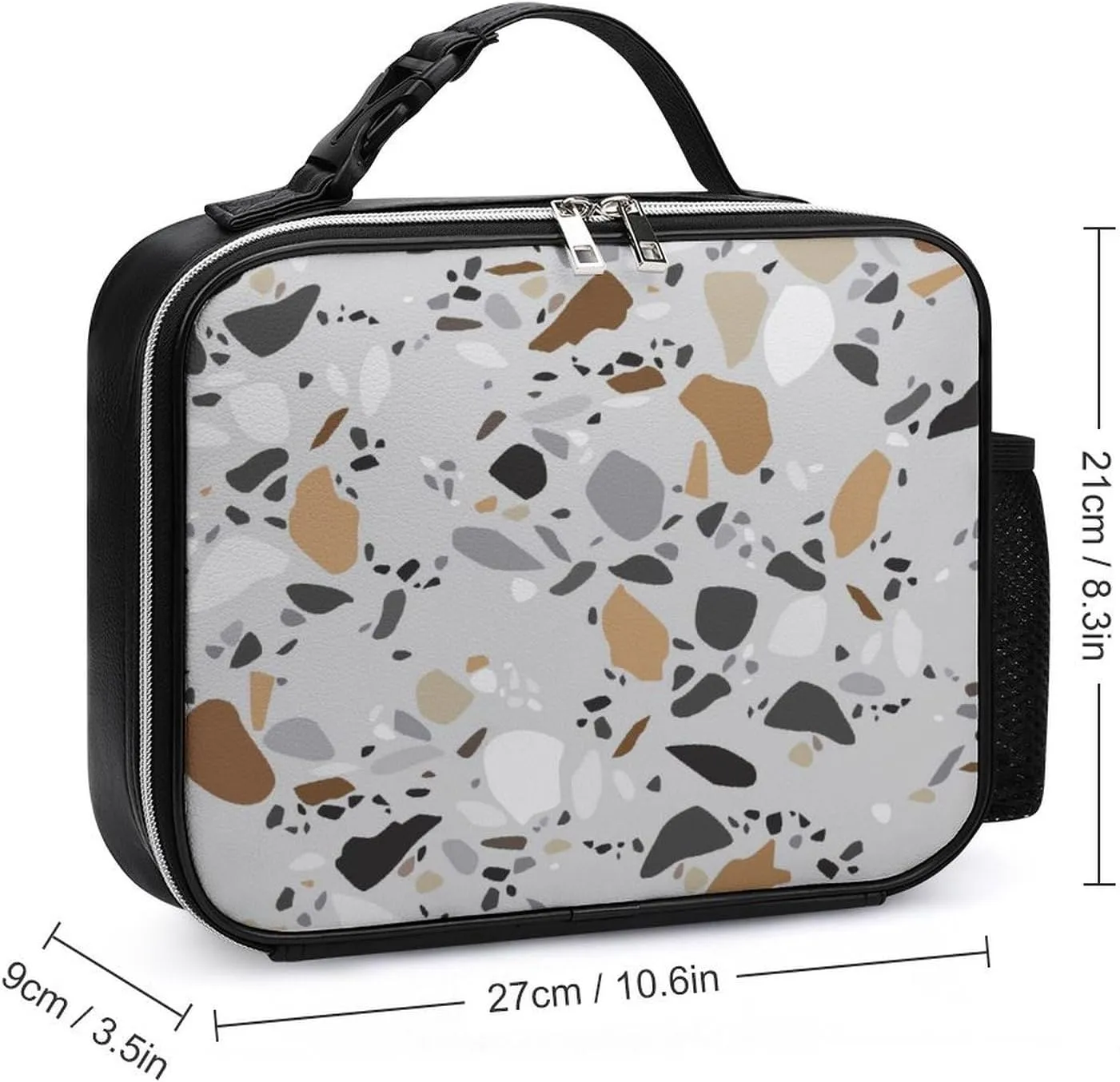 Thermal Insulated Leather Lunch Meal Bag, Lunchbox Bag with Buckled Handle Cooler Leakproof Picnic 10.6x3.5x8.3 in Print Seamless Terrazzo Stone Fragments Rock Surface on Grey Background