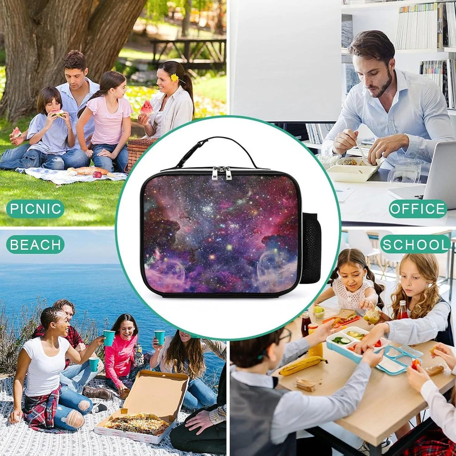 Thermal Insulated Leather Lunch Meal Bag, Lunchbox Bag with Buckled Handle Cooler Leakproof Picnic 10.6x3.5x8.3 in Print Space Galaxy Universe with Glare Stars in Purple Pink Dark Blue