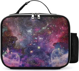Thermal Insulated Leather Lunch Meal Bag, Lunchbox Bag with Buckled Handle Cooler Leakproof Picnic 10.6x3.5x8.3 in Print Space Galaxy Universe with Glare Stars in Purple Pink Dark Blue