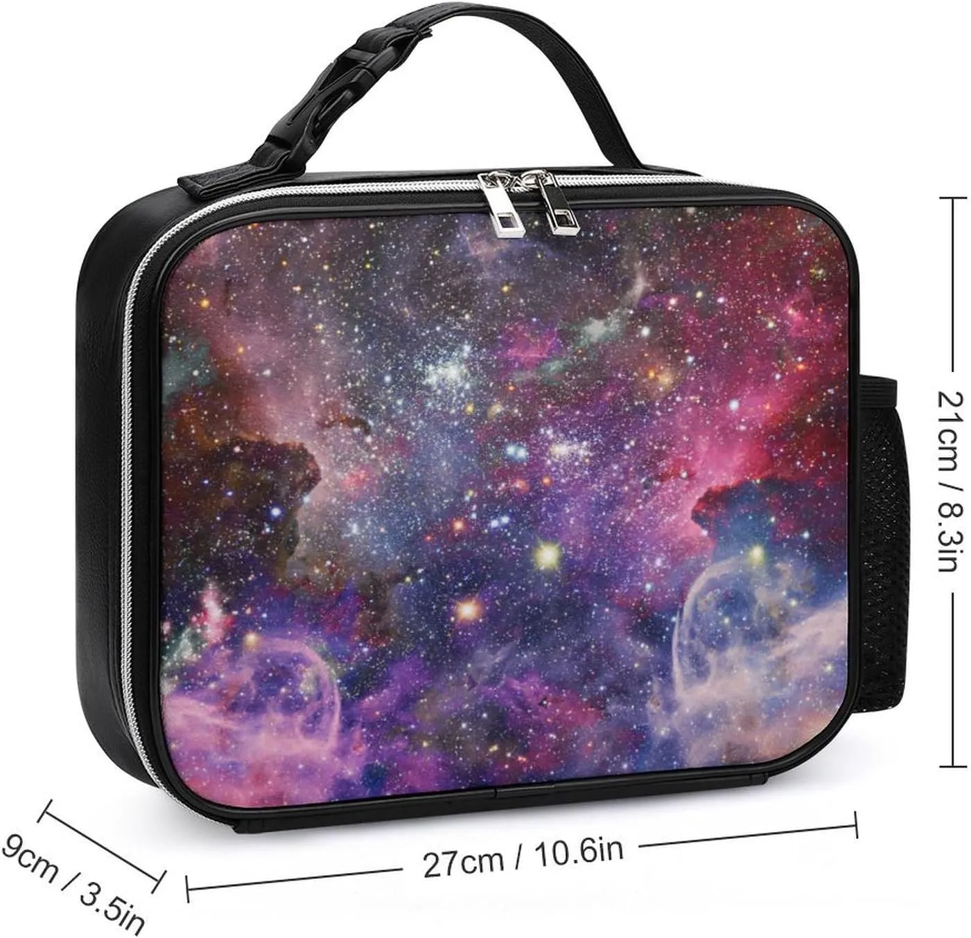Thermal Insulated Leather Lunch Meal Bag, Lunchbox Bag with Buckled Handle Cooler Leakproof Picnic 10.6x3.5x8.3 in Print Space Galaxy Universe with Glare Stars in Purple Pink Dark Blue