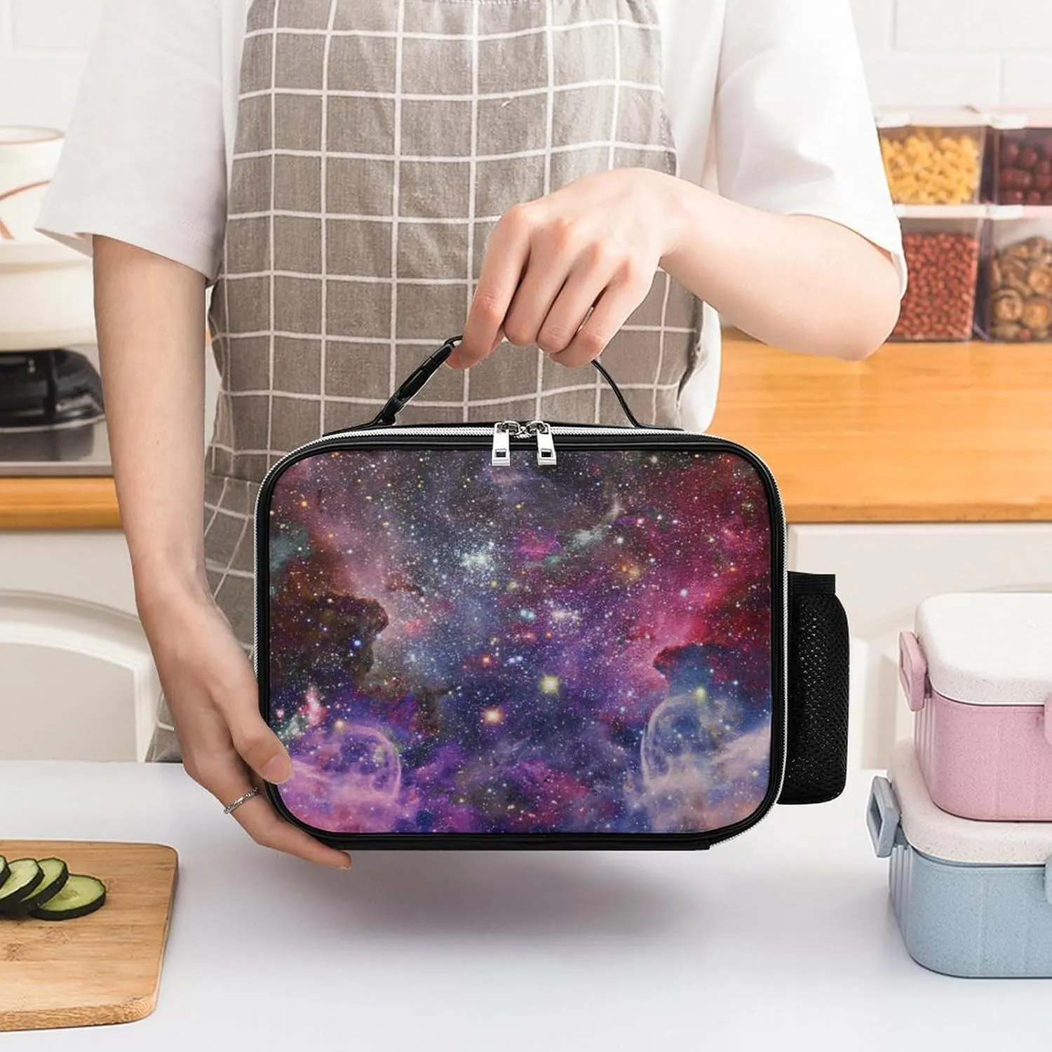 Thermal Insulated Leather Lunch Meal Bag, Lunchbox Bag with Buckled Handle Cooler Leakproof Picnic 10.6x3.5x8.3 in Print Space Galaxy Universe with Glare Stars in Purple Pink Dark Blue