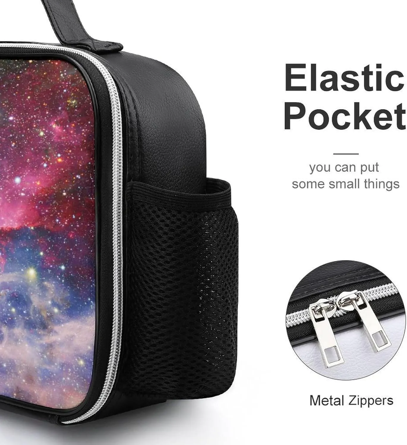 Thermal Insulated Leather Lunch Meal Bag, Lunchbox Bag with Buckled Handle Cooler Leakproof Picnic 10.6x3.5x8.3 in Print Space Galaxy Universe with Glare Stars in Purple Pink Dark Blue