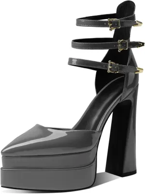 THESHY Womens Platform Chunky Heels Ankle Strap Chunky Block High Heel Pointed Toe Fashion Buckles Dress Pumps