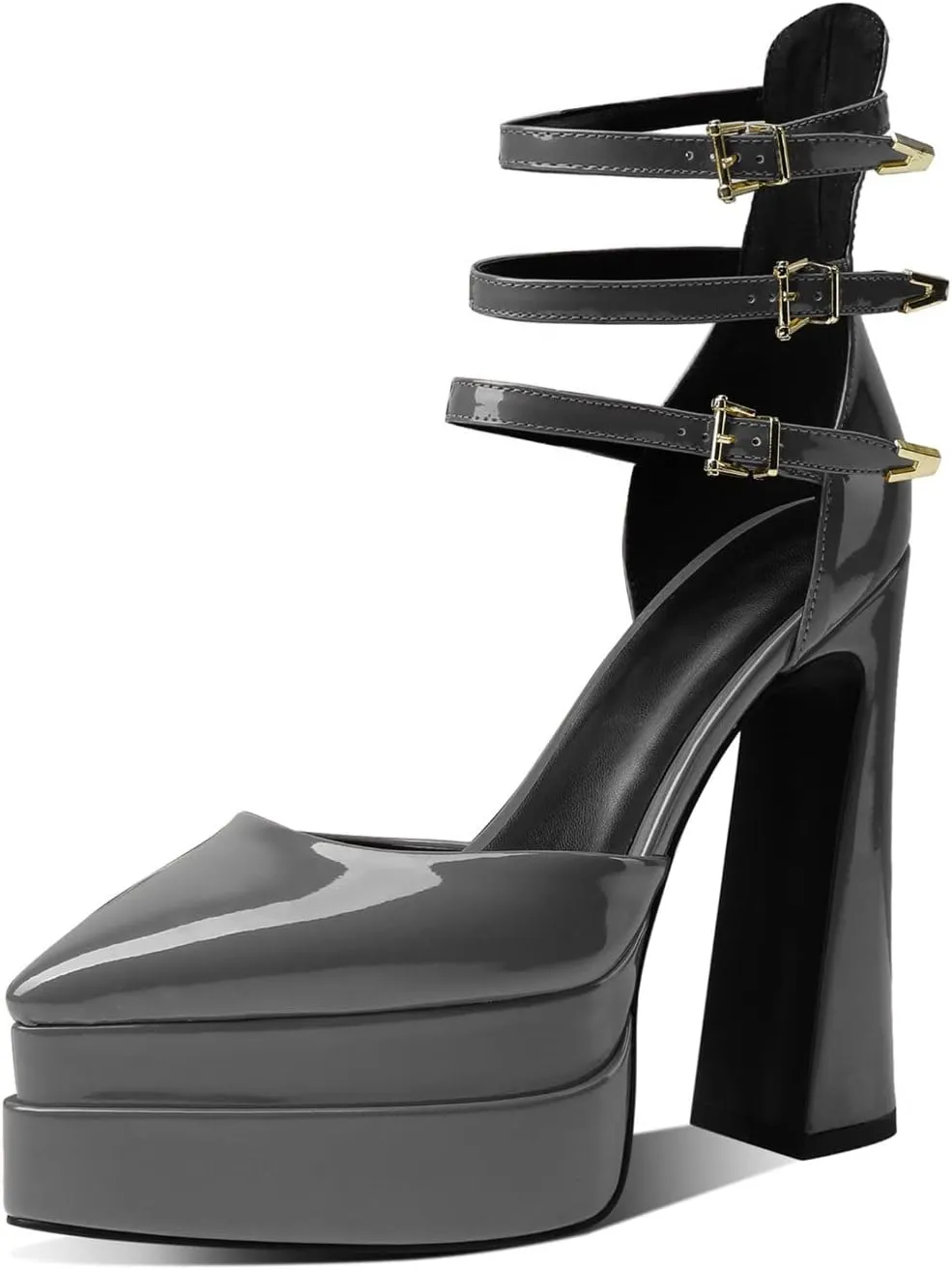 THESHY Womens Platform Chunky Heels Ankle Strap Chunky Block High Heel Pointed Toe Fashion Buckles Dress Pumps