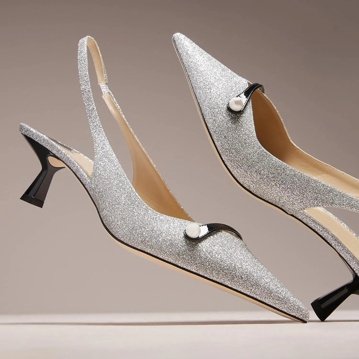 THESHY Women's Slingback Kitten Heel Glitter Pointed Toe Pearl Low Heel Pumps Casual Wedding Shoes for Women Fashion Dress Shoes