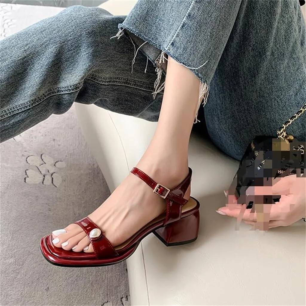 Thick Mid Heel Round Toe Lacquer Leather Line Strap Sandals Pearl Inner And Outer Full Leather