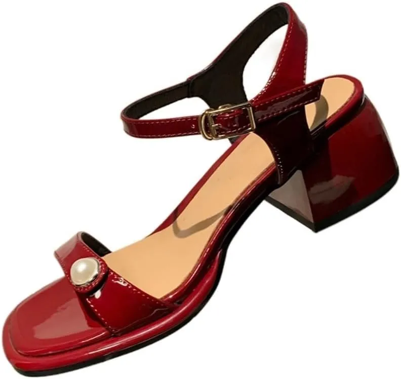 Thick Mid Heel Round Toe Lacquer Leather Line Strap Sandals Pearl Inner And Outer Full Leather