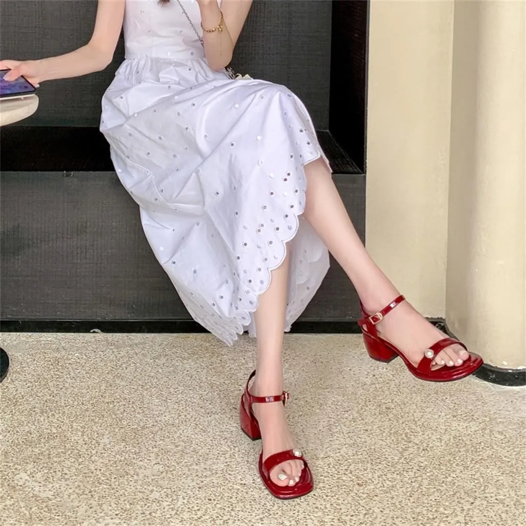 Thick Mid Heel Round Toe Lacquer Leather Line Strap Sandals Pearl Inner And Outer Full Leather