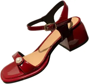 Thick Mid Heel Round Toe Lacquer Leather Line Strap Sandals Pearl Inner And Outer Full Leather