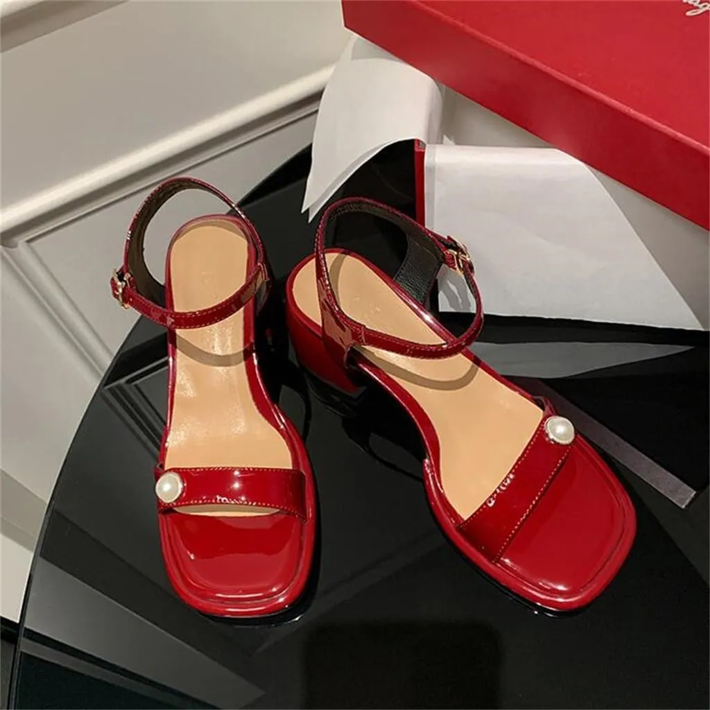 Thick Mid Heel Round Toe Lacquer Leather Line Strap Sandals Pearl Inner And Outer Full Leather