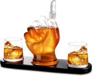 Thumbs Up Whiskey Decanter Set - with Two 10 oz Whisky Glasses - on Rich Wood Mahogany Base Tray - Business Gift Set - Whiskey/Wine Dispenser for Liquor, Scotch, Bourbon, Vodka - 32oz - Bezrat