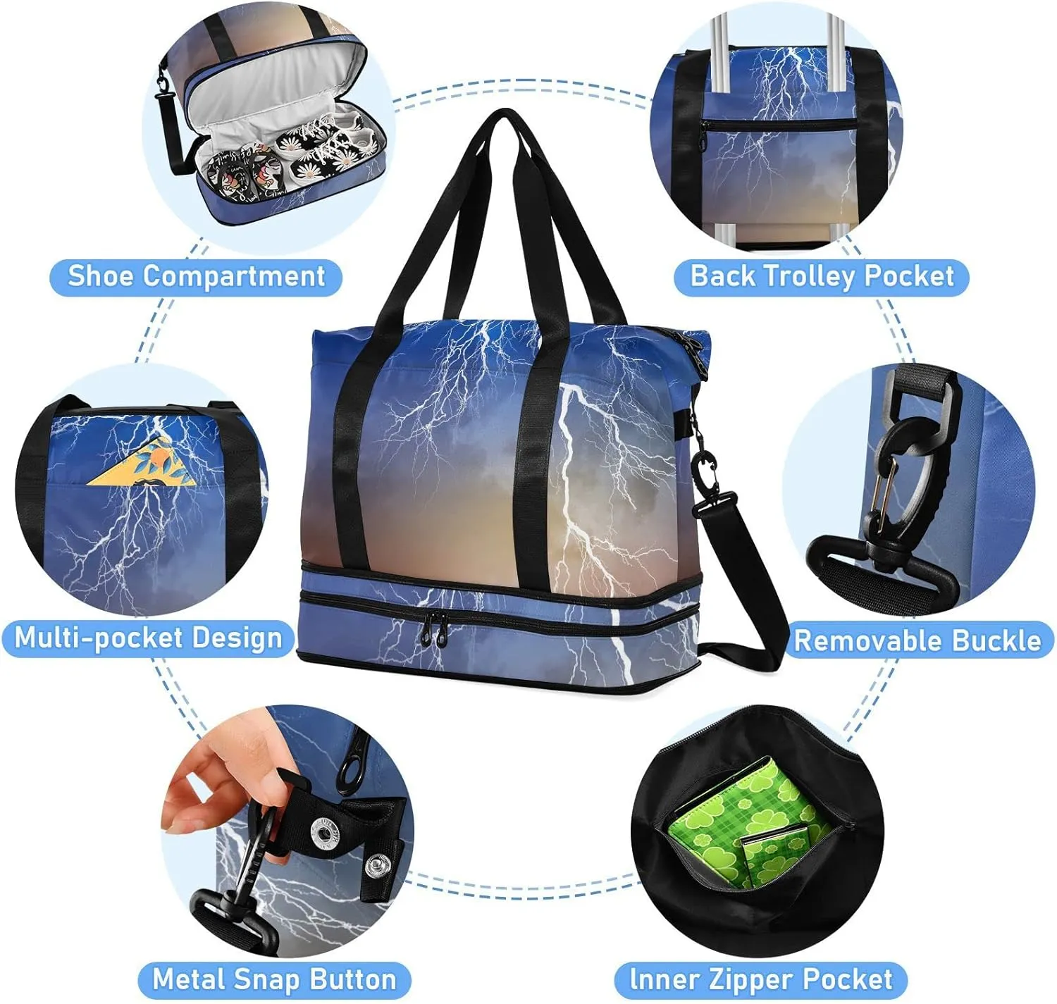 Thunder Cloud Blue Dark Brown Cloudy Sky Foldable Travel Bag, Camping Luggage bag, Portable Gym Bag, Sports Bag, Toiletry Bag with Handles Adjustable Shoulder Strap