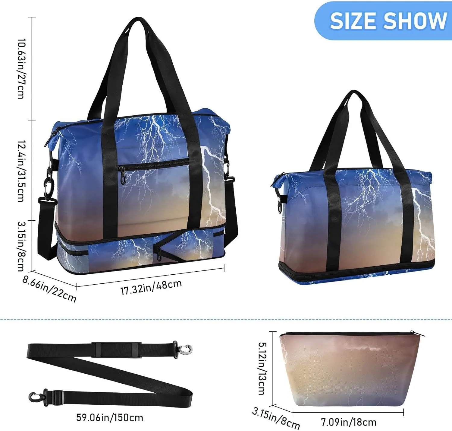 Thunder Cloud Blue Dark Brown Cloudy Sky Foldable Travel Bag, Camping Luggage bag, Portable Gym Bag, Sports Bag, Toiletry Bag with Handles Adjustable Shoulder Strap