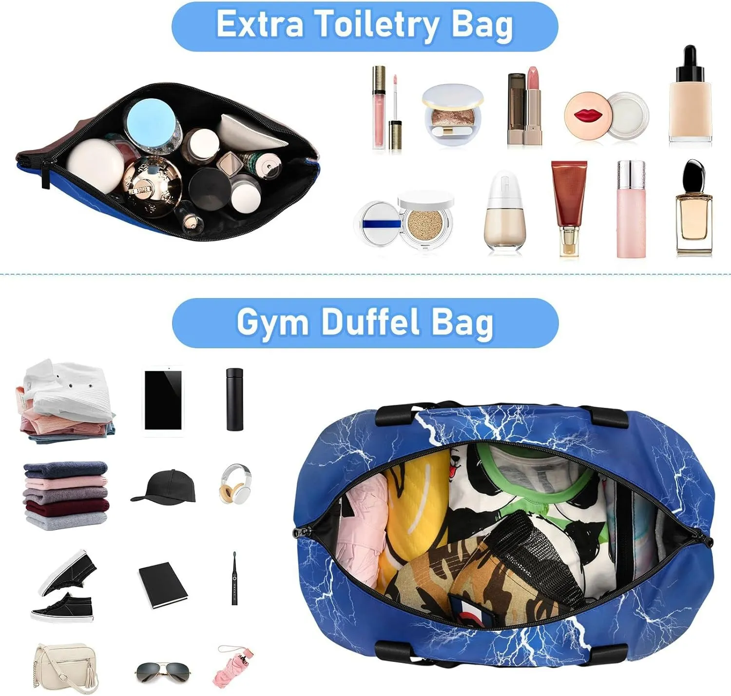 Thunder Cloud Blue Dark Brown Cloudy Sky Foldable Travel Bag, Camping Luggage bag, Portable Gym Bag, Sports Bag, Toiletry Bag with Handles Adjustable Shoulder Strap