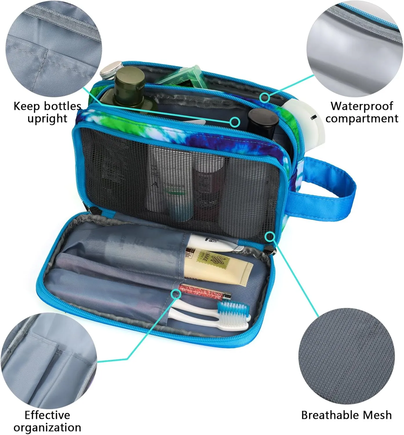 Tie Dye Toiletry Bag for Girls, Travel Toiletry Bag for Teen Girls Cosmetic Bag Makeup Bag Waterproof Hanging Wash Bag Toiletries, Blue