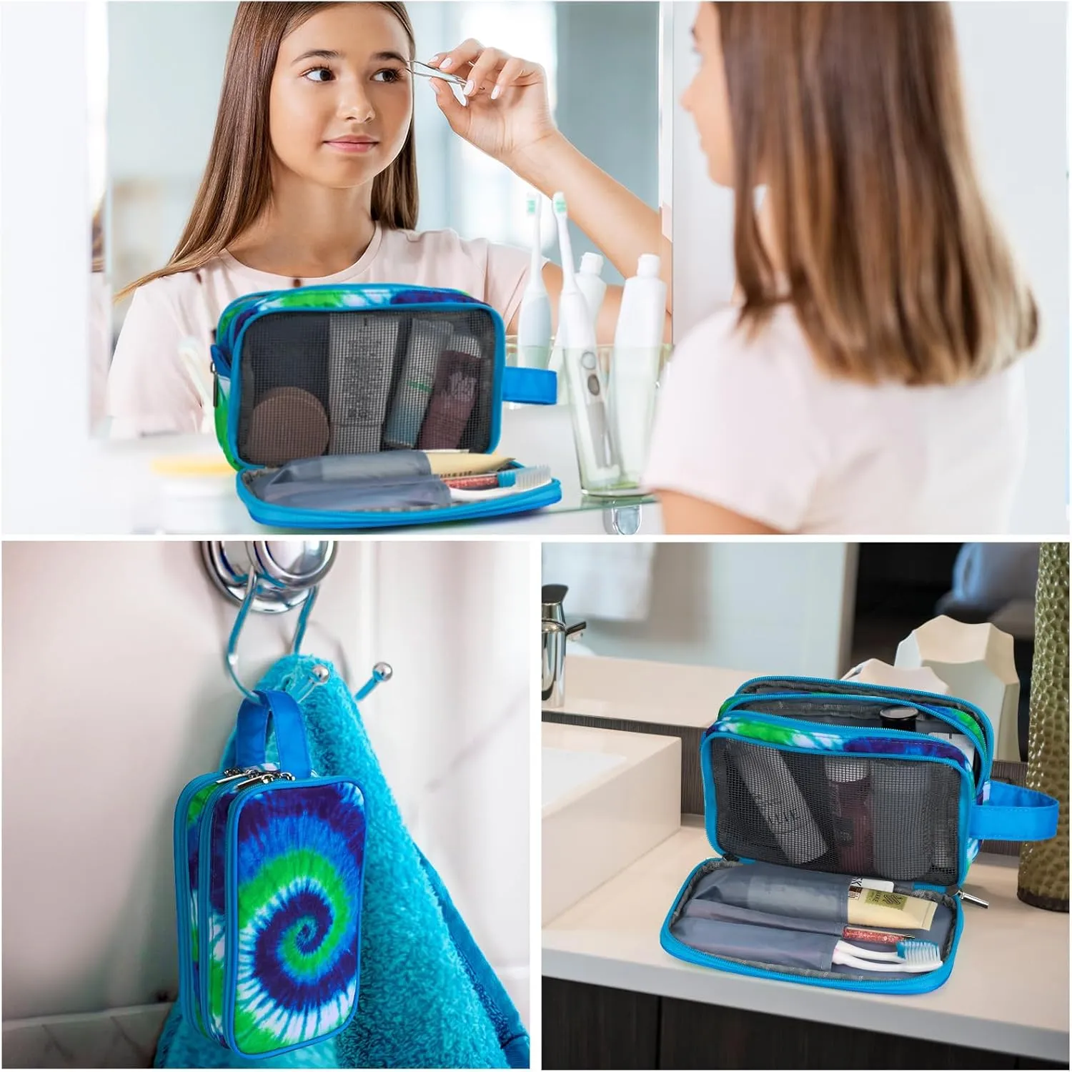 Tie Dye Toiletry Bag for Girls, Travel Toiletry Bag for Teen Girls Cosmetic Bag Makeup Bag Waterproof Hanging Wash Bag Toiletries, Blue
