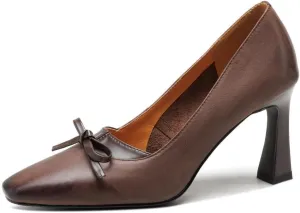TinaCus Women's Genuine Leather Retro Square Toe Tiny Bowknot Handmade High Stoletto Heel Pumps