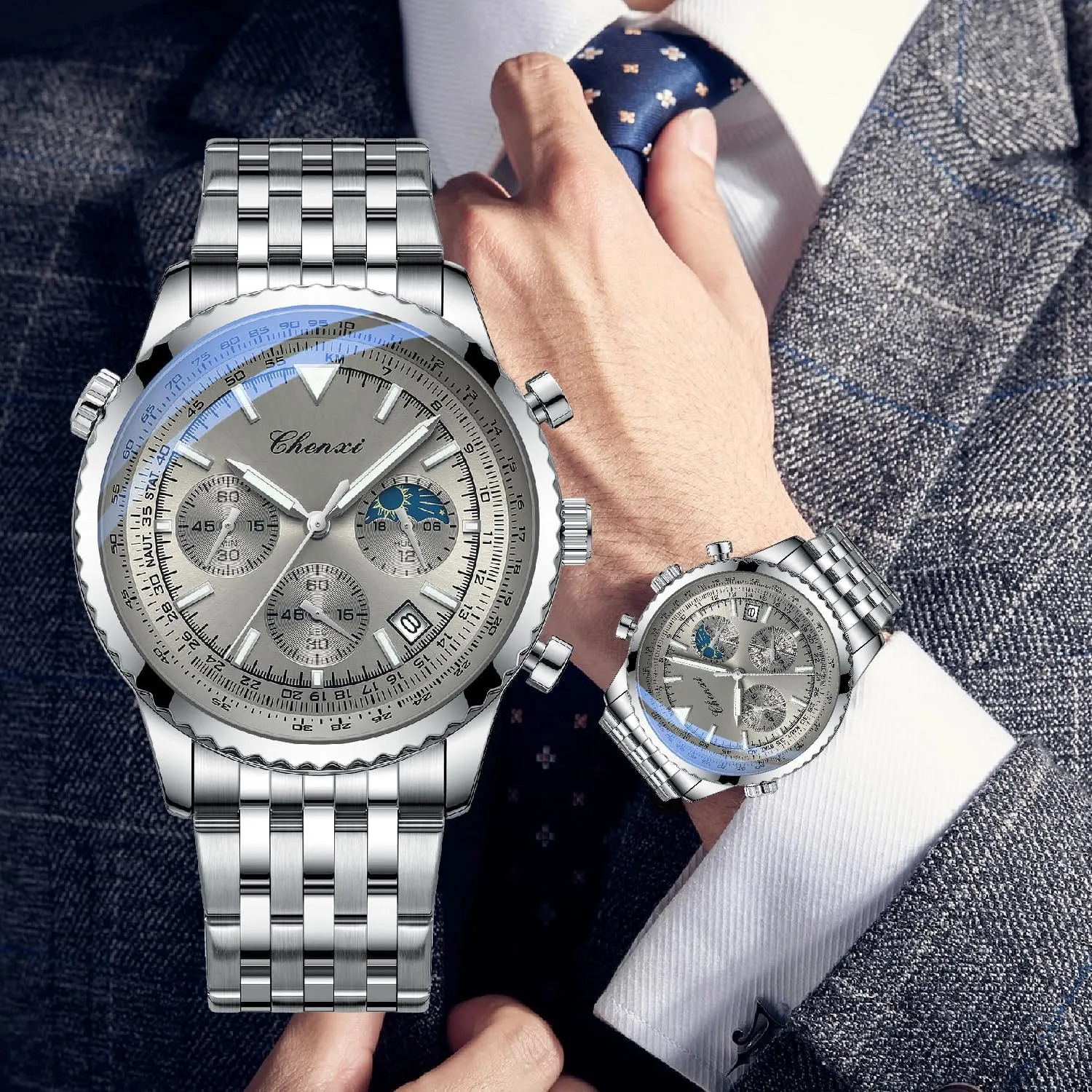 Tiong Chronograph Six-Hand Moon Phase Sport Quartz Watch Men's Watch Waterproof Luminous Date Watch