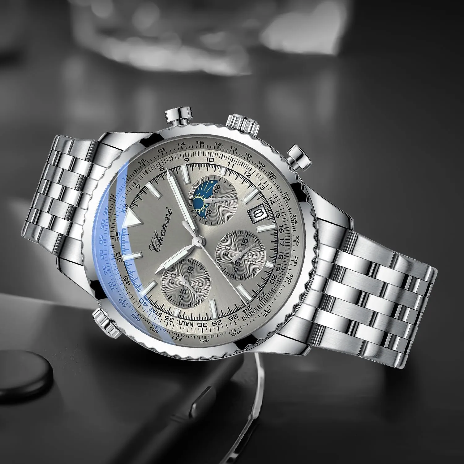 Tiong Chronograph Six-Hand Moon Phase Sport Quartz Watch Men's Watch Waterproof Luminous Date Watch