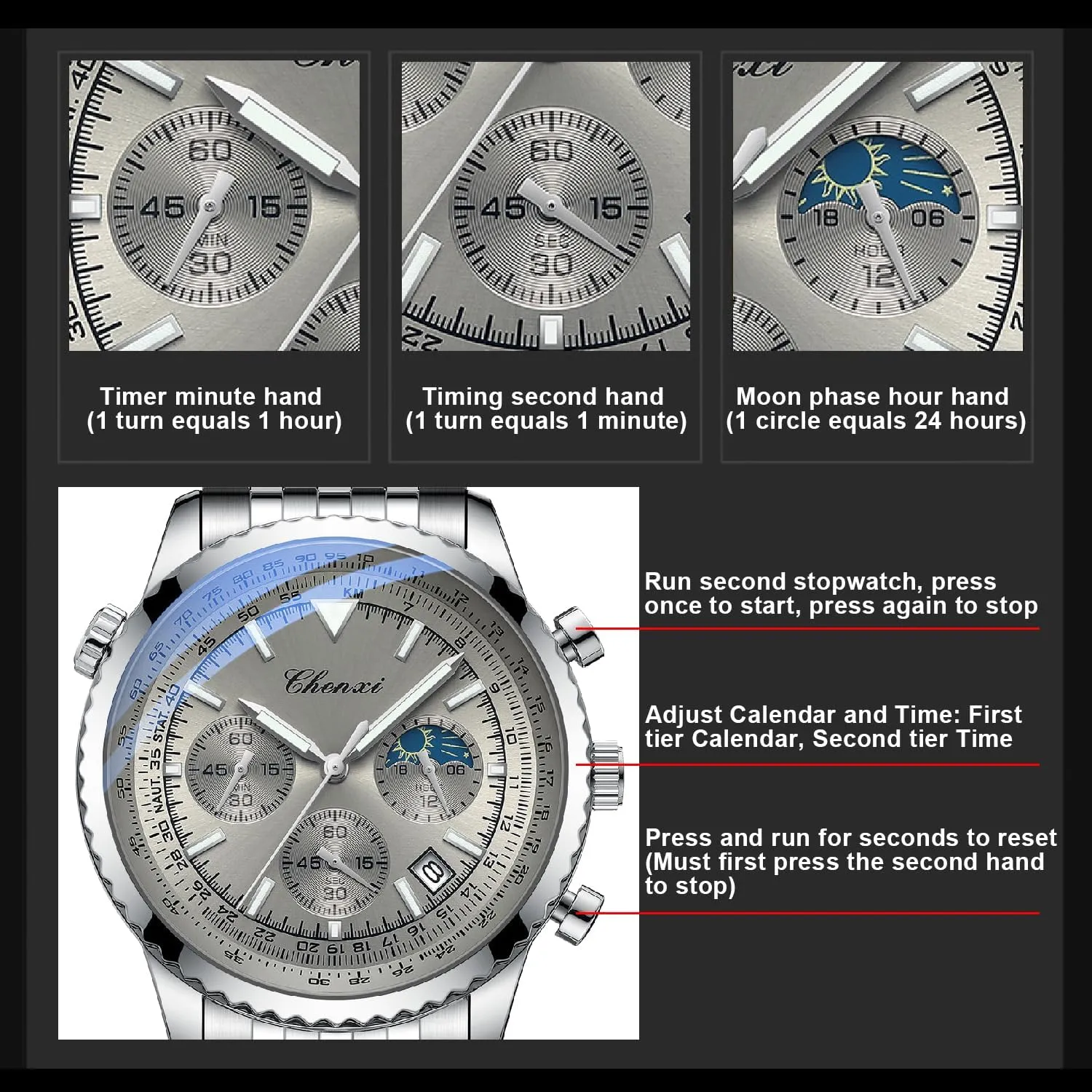 Tiong Chronograph Six-Hand Moon Phase Sport Quartz Watch Men's Watch Waterproof Luminous Date Watch