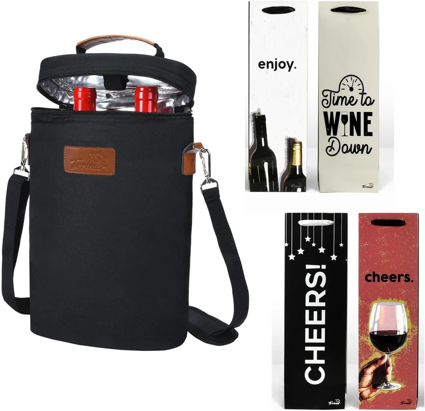 Tirrinia 2 Bottle Wine Gift Tote Carrier - 12pcs Silk Handles - Recyclable Wedding Gifts - Wine Bottle Bags