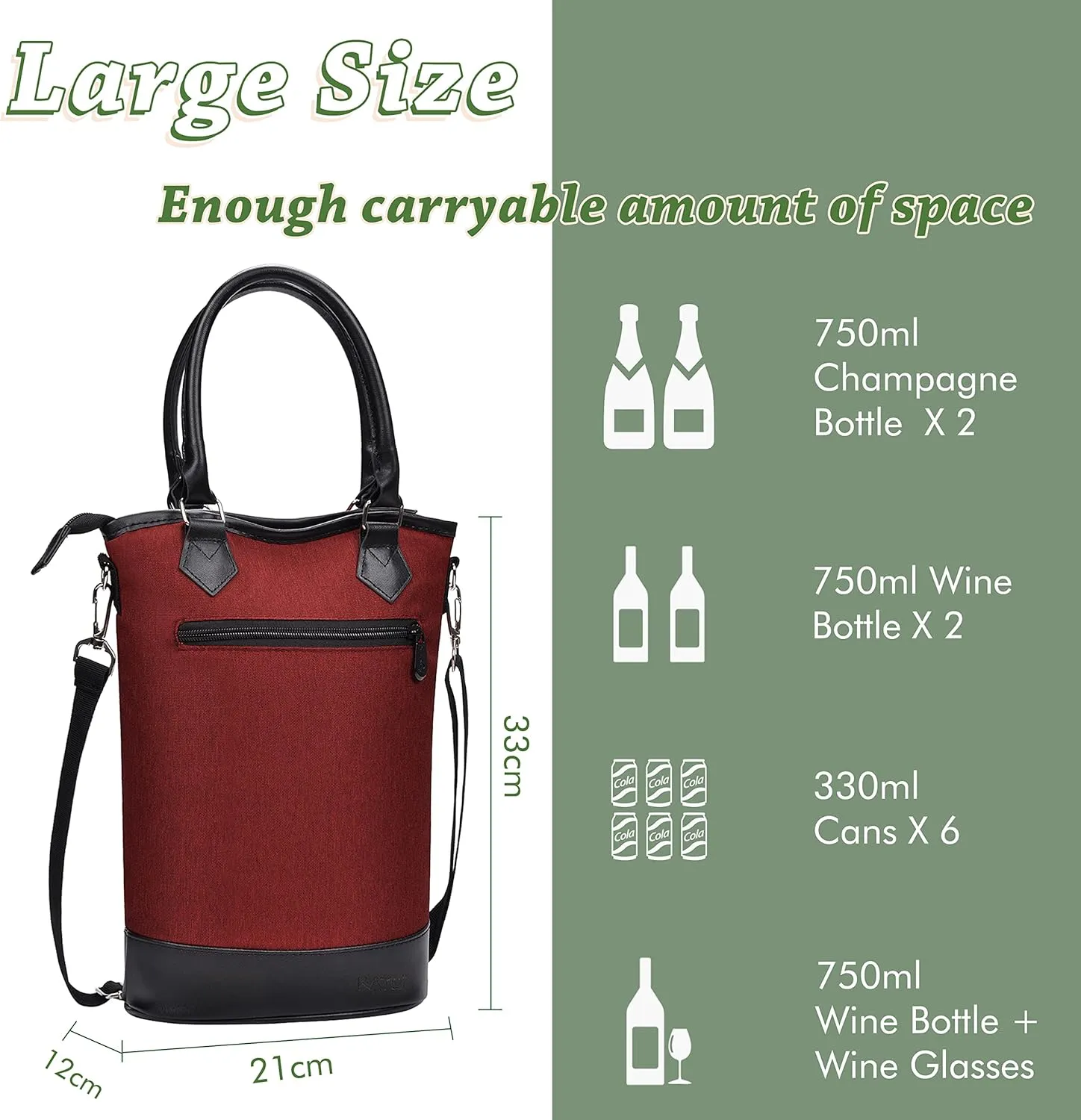 Tirrinia Insulated Wine Gift carrier Tote - Travel Padded 2 Bottle Wine/Champagne Cooler Bag with Handle and Adjustable Shoulder Strap, Great Wine Lover Gift, Red
