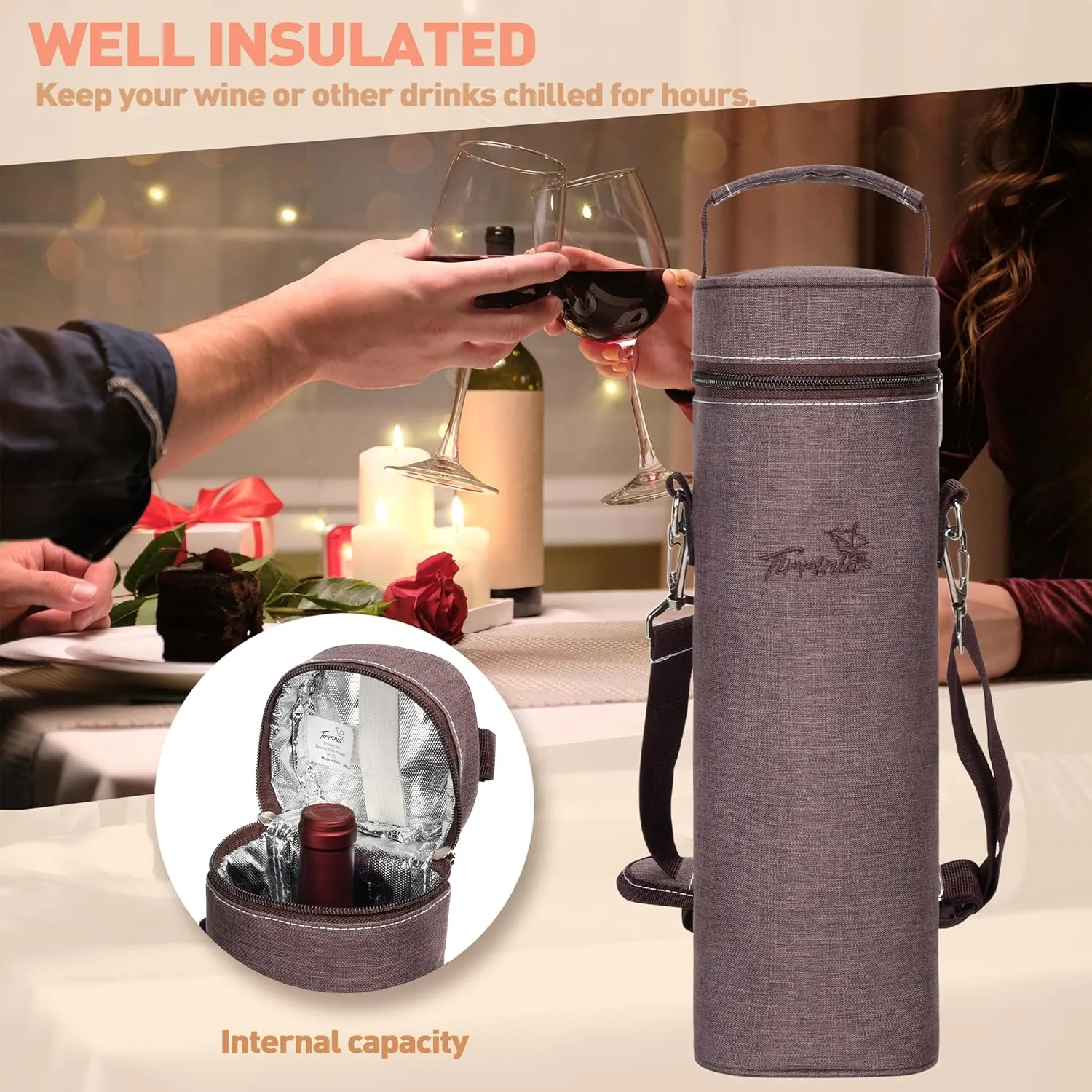 Tirrinia Single Bottle Wine Gift Carrier Bag, Insulated Travel Wine Cooler Tote with Shoulder Strap for Picnic, Party, BYOB Restaurant, Portable One Bottle Wine Chiller Container, Gift for Wine Lovers