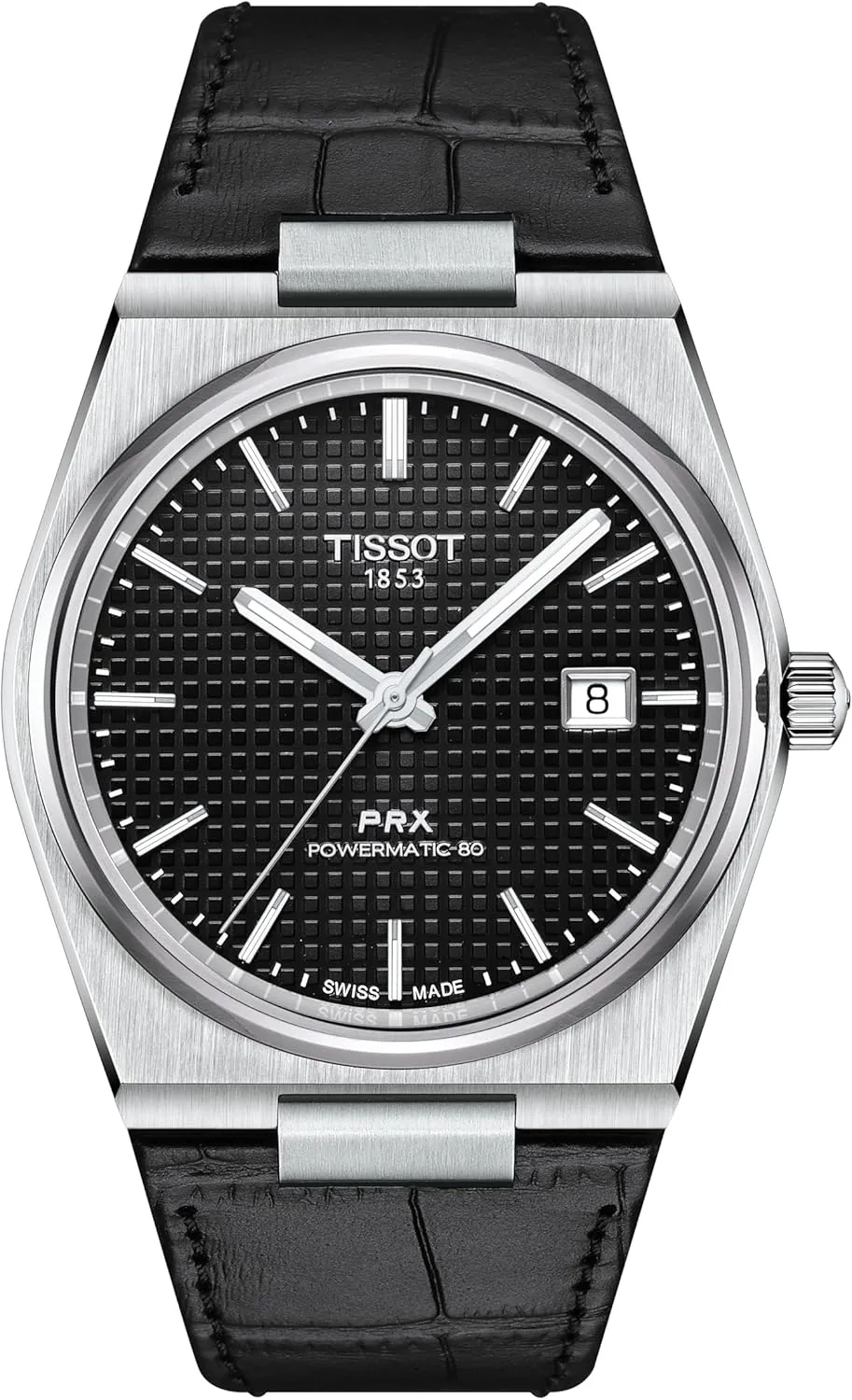 Tissot Mens PRX Powermatic 80 316L Stainless Steel case Automatic Watch, Black, Leather, 12 (T1374071605100)