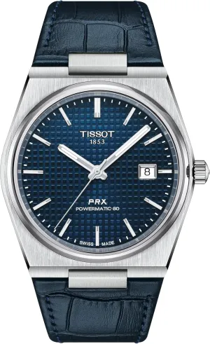 Tissot Mens PRX Powermatic 80 316L Stainless Steel case Automatic Watch, Blue, Leather, 12 (T1374071604100)