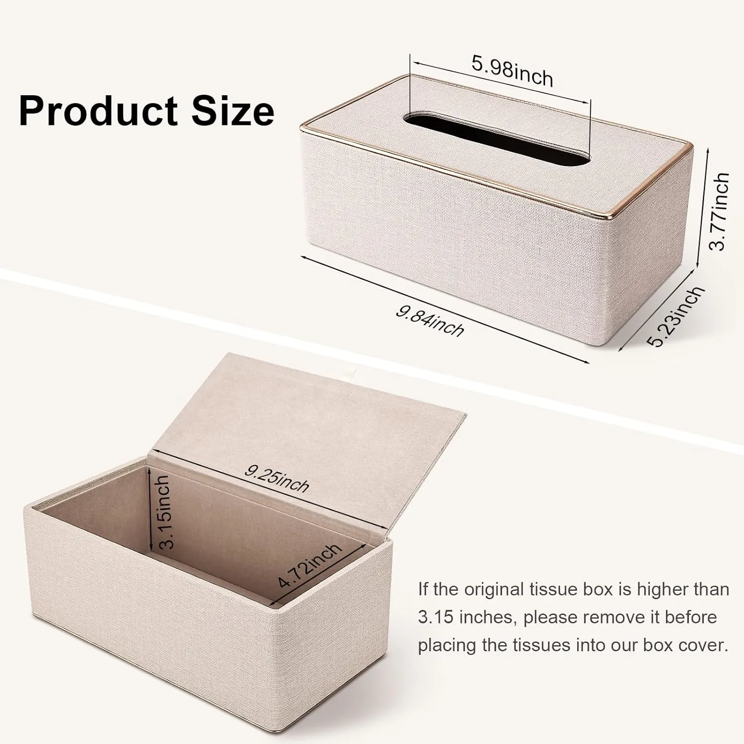 Tissue Box Cover, PU Leather Tissue Box Holder, Rectangular Tissue Box Covers for Kleenex, Napkin, Rectangle Tissue Holder for Bathroom Home Office 9.84"X5.23"X3.77" Beige