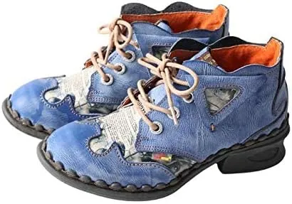 TMA EYES Women's leather printed patchwork ankle boots lace-up fashion shoes