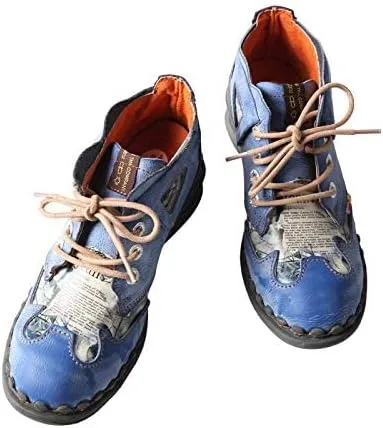 TMA EYES Women's leather printed patchwork ankle boots lace-up fashion shoes