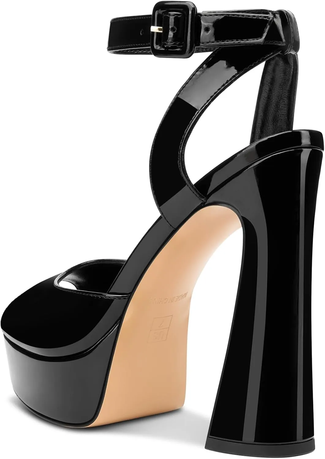 TNYNFBEB Womens Chunky Block High Platform Heel Peep Open Toe Sandals Ankle Strap Buckle Prom Dress Patent Leather 5.1 Inches Heels