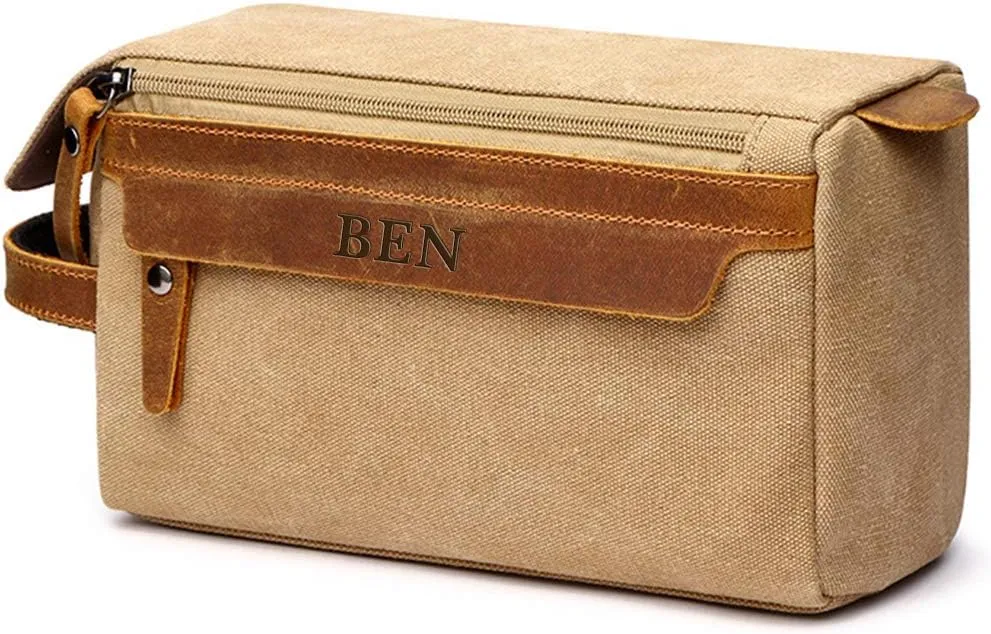 Toiletry Bag For Men And Women Personalized Shaving Kit Bag Crazy Horse Leather Dopp Kit For Men Travel Shaving Bag Mens Toiletry Bag Canvas Dopp Kit For Travel (Khaki)