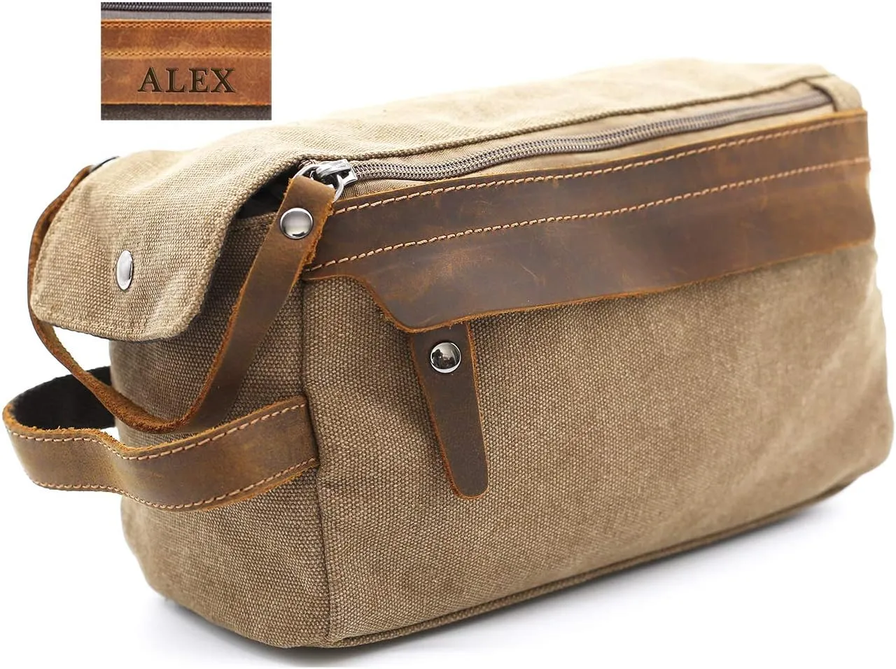 Toiletry Bag For Men And Women Personalized Shaving Kit Bag Crazy Horse Leather Dopp Kit For Men Travel Shaving Bag Mens Toiletry Bag Canvas Dopp Kit For Travel (Khaki)