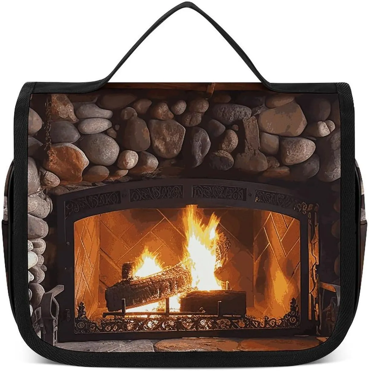 Toiletry Bag for Women Men Christmas Rock Stone Fireplace Wooden Mantel Makeup Bag with Hanging Hook Waterproof Bathroom Cosmetic Bag Large Capacity Travel Bag for Toiletries Accessories