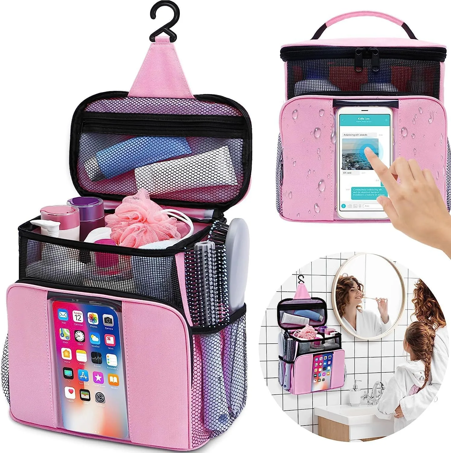Toiletry Bag Hanging Travel Makeup Organizer with Transparent Front Pouch to Play Phone, Cleaning Caddy Portable for College