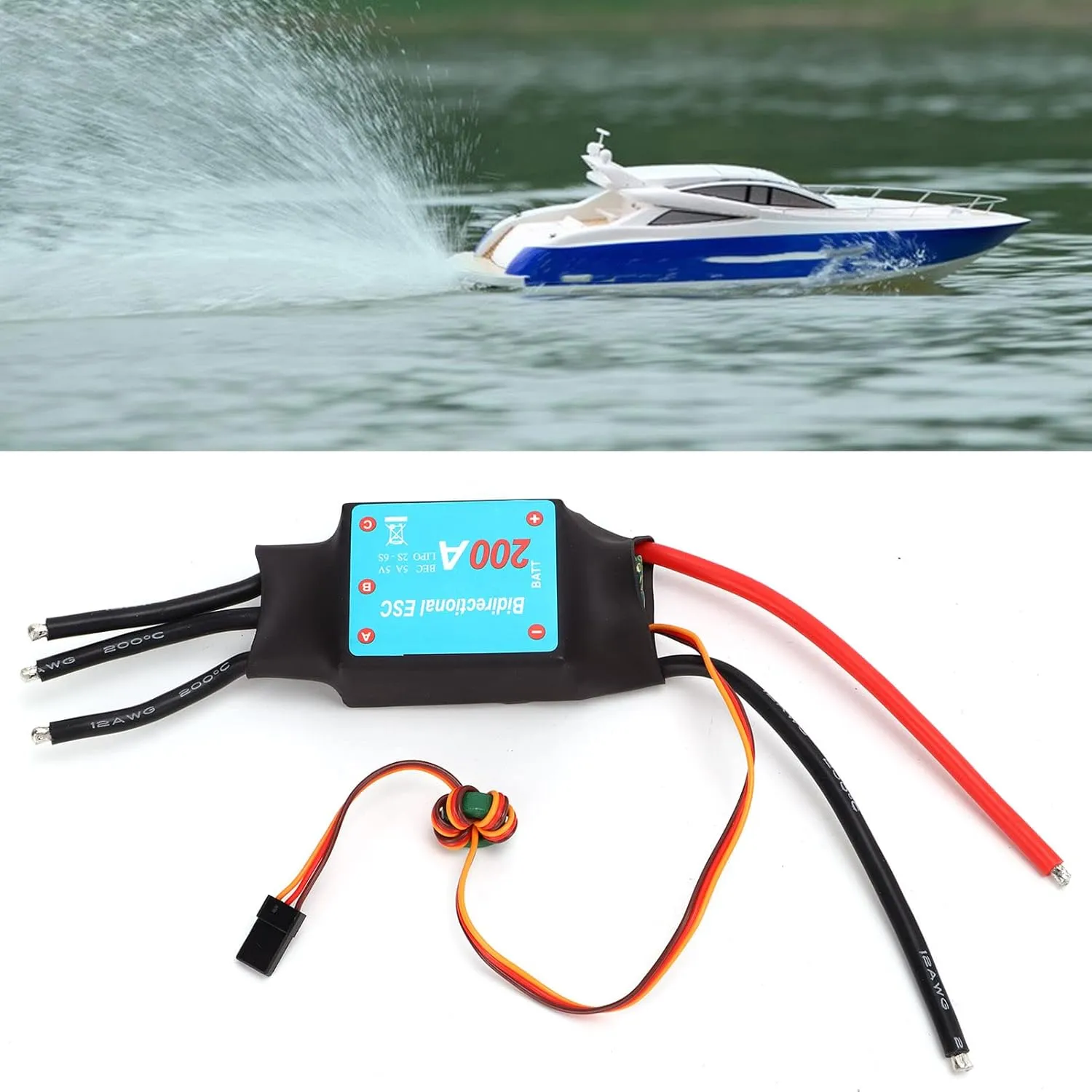 Topyond Brushless ESC 200A RC Boat Two Way Water Cooled ESC with Reverse Function, Rc Car Motor Brushless Error Signal Power Off for RC Boats Underwater Propeller