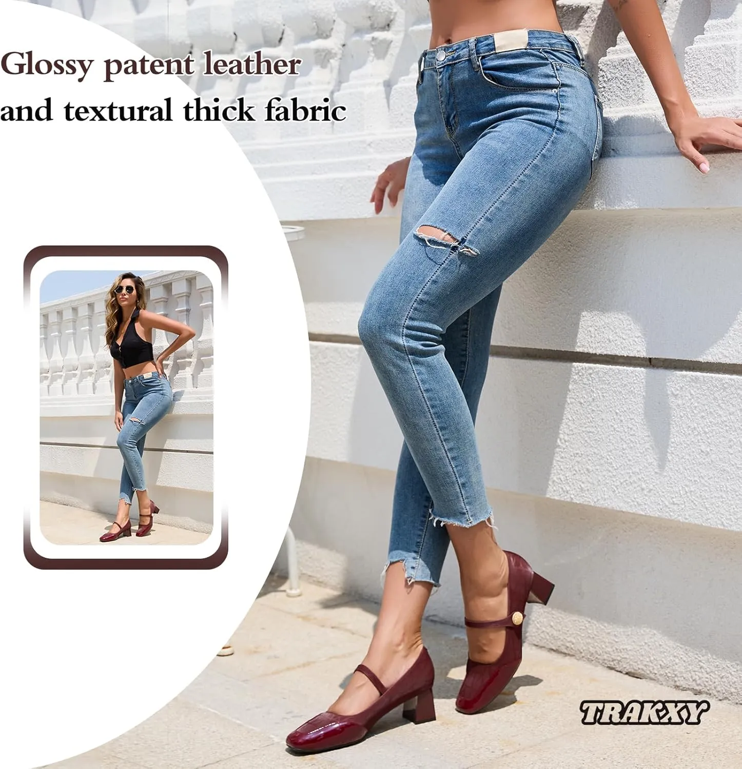 Trakxy Women Square Toe Mary Jane Pumps Shoes Comfortable Closed Toe Dress Shoes Chunky Block Heels Buckle Strap Fitted Pumps Ideal for Casual Work Wedding