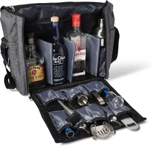 Travel Bar Bag Gray & Black, Water Resistant, Bartending Supplies, Pockets for Carrying Cocktail Kit (Bag Only), 13.8H X 12.5W X 4.7D