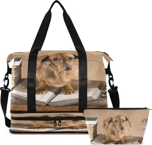 Travel Duffel Bag Dachshund Professor Weekender Overnight Bag for Women Men With Shoe Compartments Funny Animal Sports Tote Gym Bag with Wet Pocket for Travel Sport Yoga 17 Inch