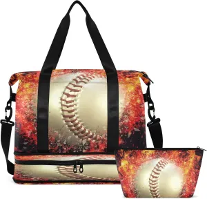 Travel Duffel Bag Flaming Baseball Weekender Overnight Bag for Women Men With Shoe Compartments Sports Tote Gym Bag with Wet Pocket for Travel Sport Yoga 17 Inch