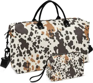 Travel Duffel Bag for Women Men, Brown Cow Print Large Waterproof Weekender Overnight Bag, Detachable Shoulder Strap Travel Sport Gym Bag with Toiletry Bag